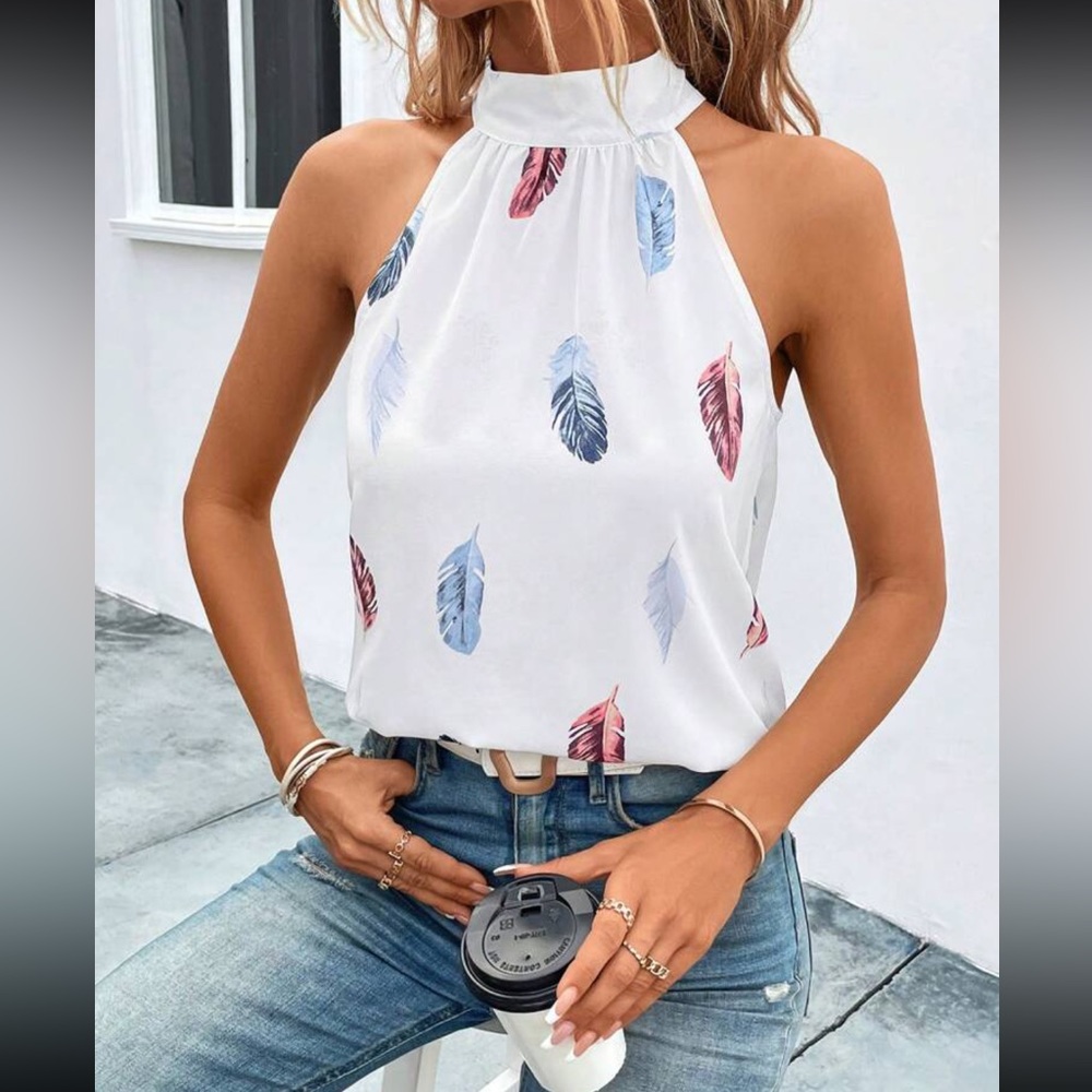 Boho feather print tie back blouse